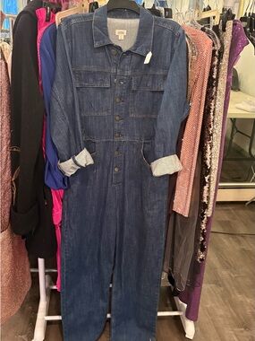 Denim Button-Front Jumpsuit in Dark Blue
